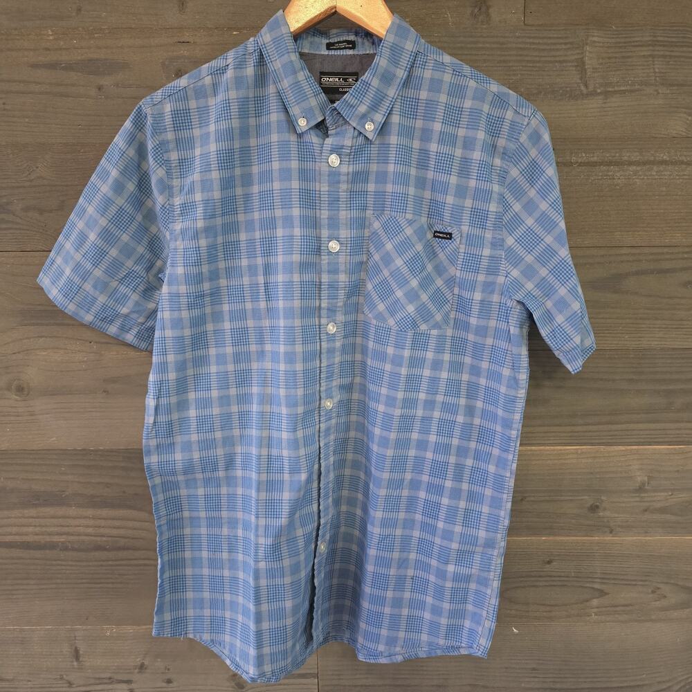 O'Neill Men's Small Blue Plaid Short Sleeve Button Down Shirt Classic Fit